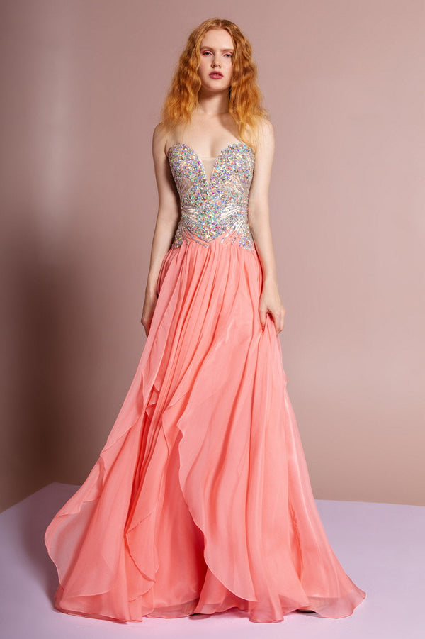 Strapless Sweetheart Chiffon Long Dress with Sequin Embellished Bodice-4