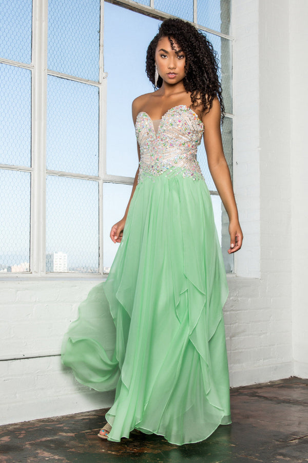 Strapless Sweetheart Chiffon Long Dress with Sequin Embellished Bodice-5