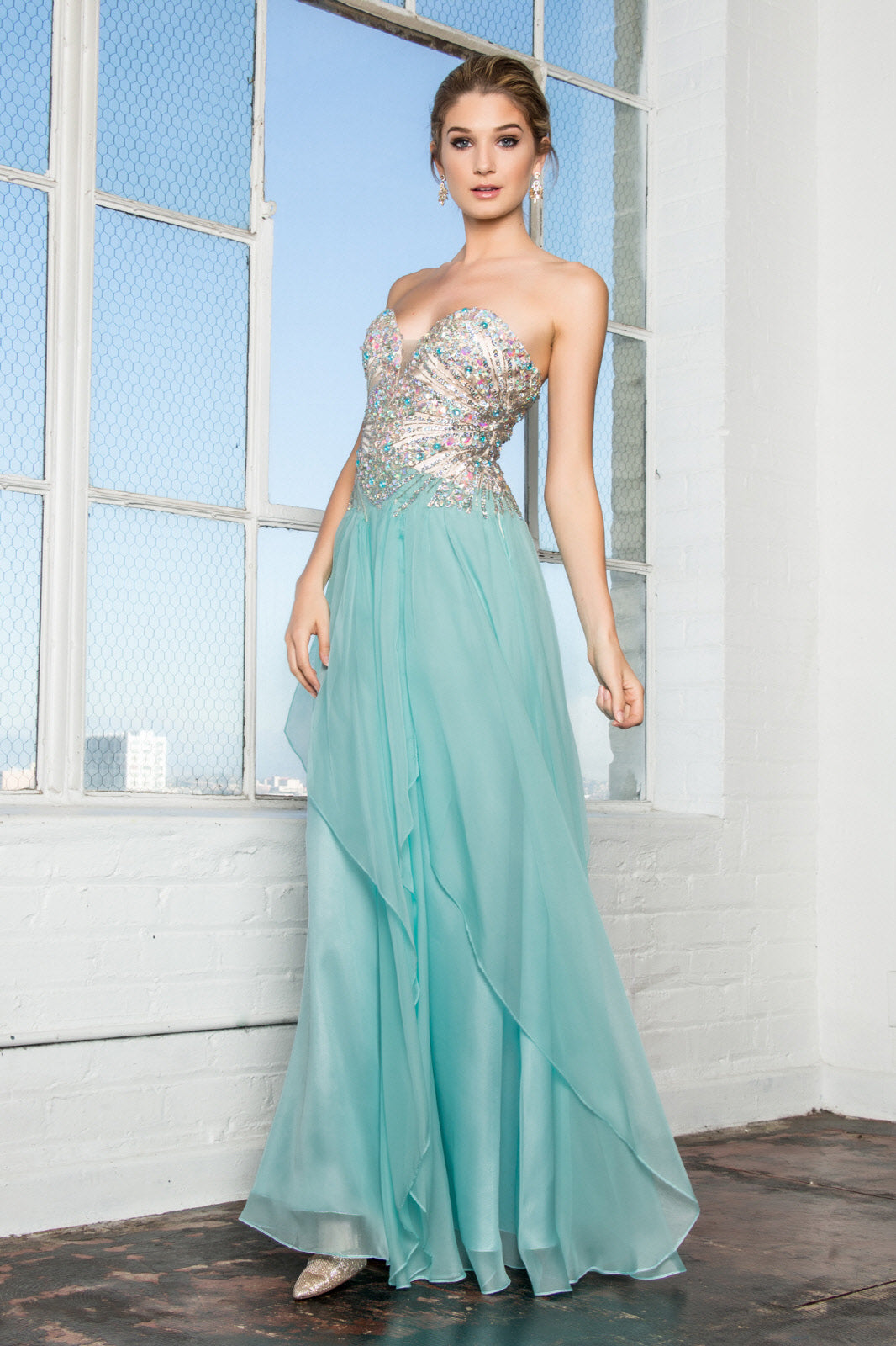 Strapless Sweetheart Chiffon Long Dress with Sequin Embellished Bodice-0