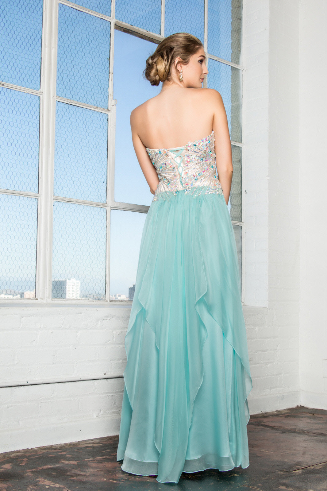 Strapless Sweetheart Chiffon Long Dress with Sequin Embellished Bodice-1