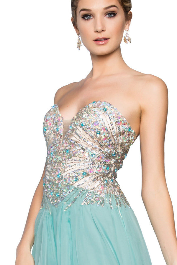 Strapless Sweetheart Chiffon Long Dress with Sequin Embellished Bodice-2