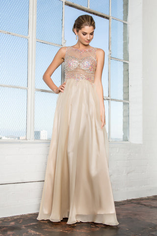 Beaded Chiffon Long Dress W/ Sequin Embellished Sheer Bodice and Corset Back-4