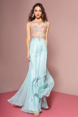 Beaded Chiffon Long Dress W/ Sequin Embellished Sheer Bodice and Corset Back-0