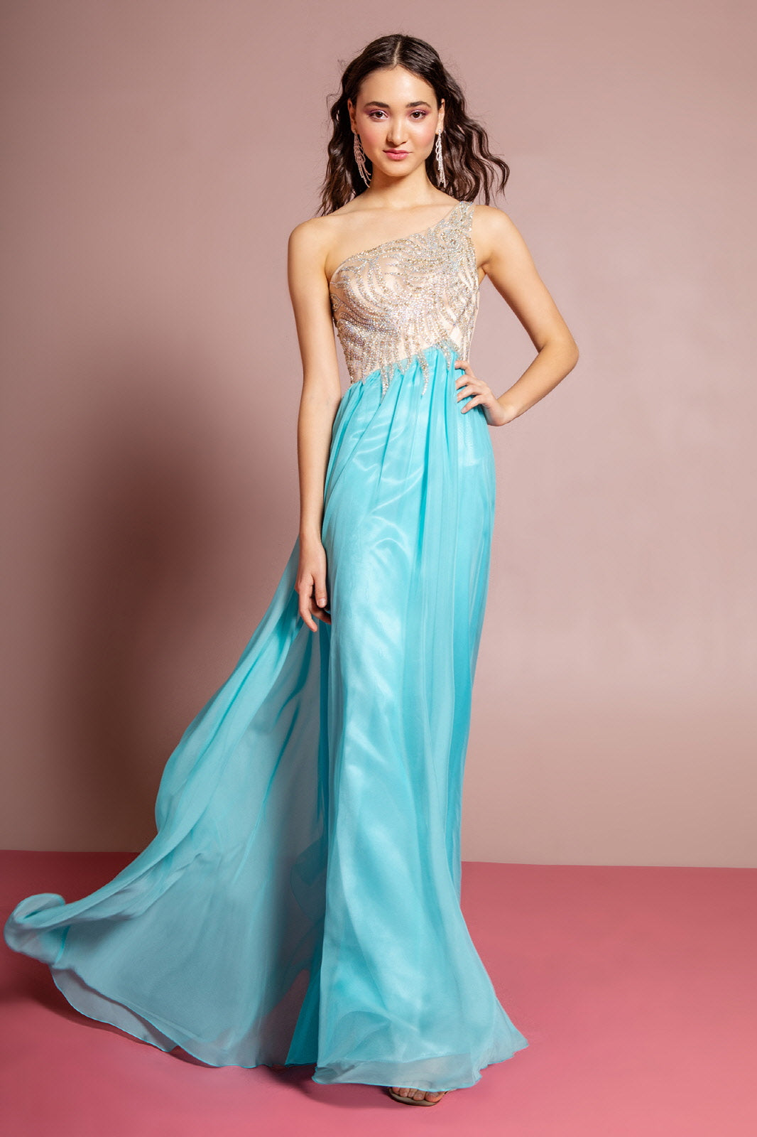 One Shoulder Jewel Embellished Bodice Chiffon Floor Length Dress-2