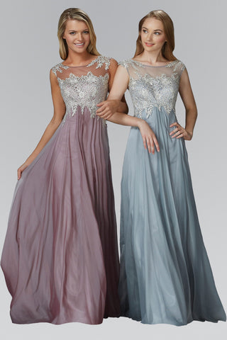 Chiffon Long Dress with Lace Embellished Bodice and Sheer Neckline-0