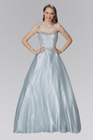 A-Line Long Dress with Sequin Embellished Sheer Bodice and back-0