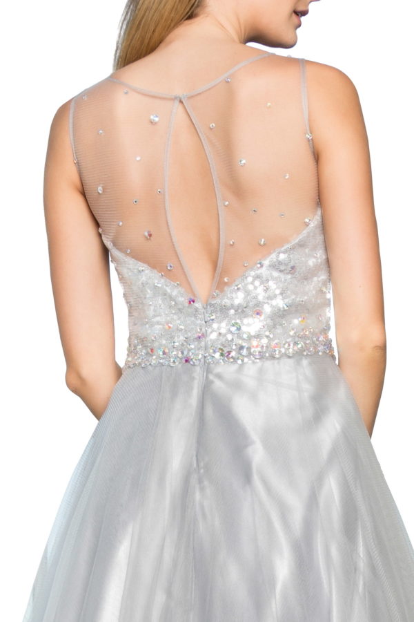 A-Line Long Dress with Sequin Embellished Sheer Bodice and back-3