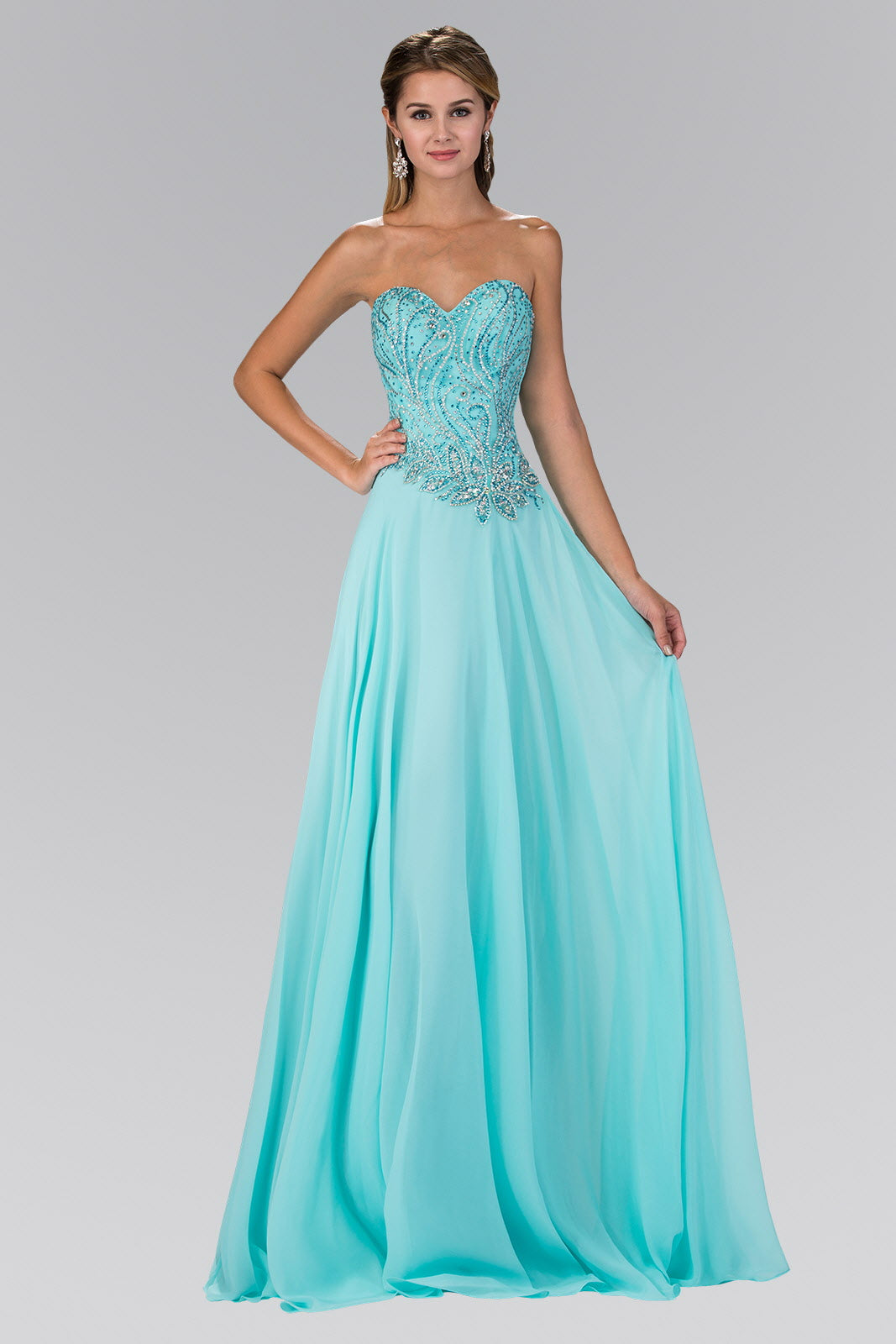 Strapless Sweetheart Chiffon Long Dress with Jewel Embellished Bodice-0