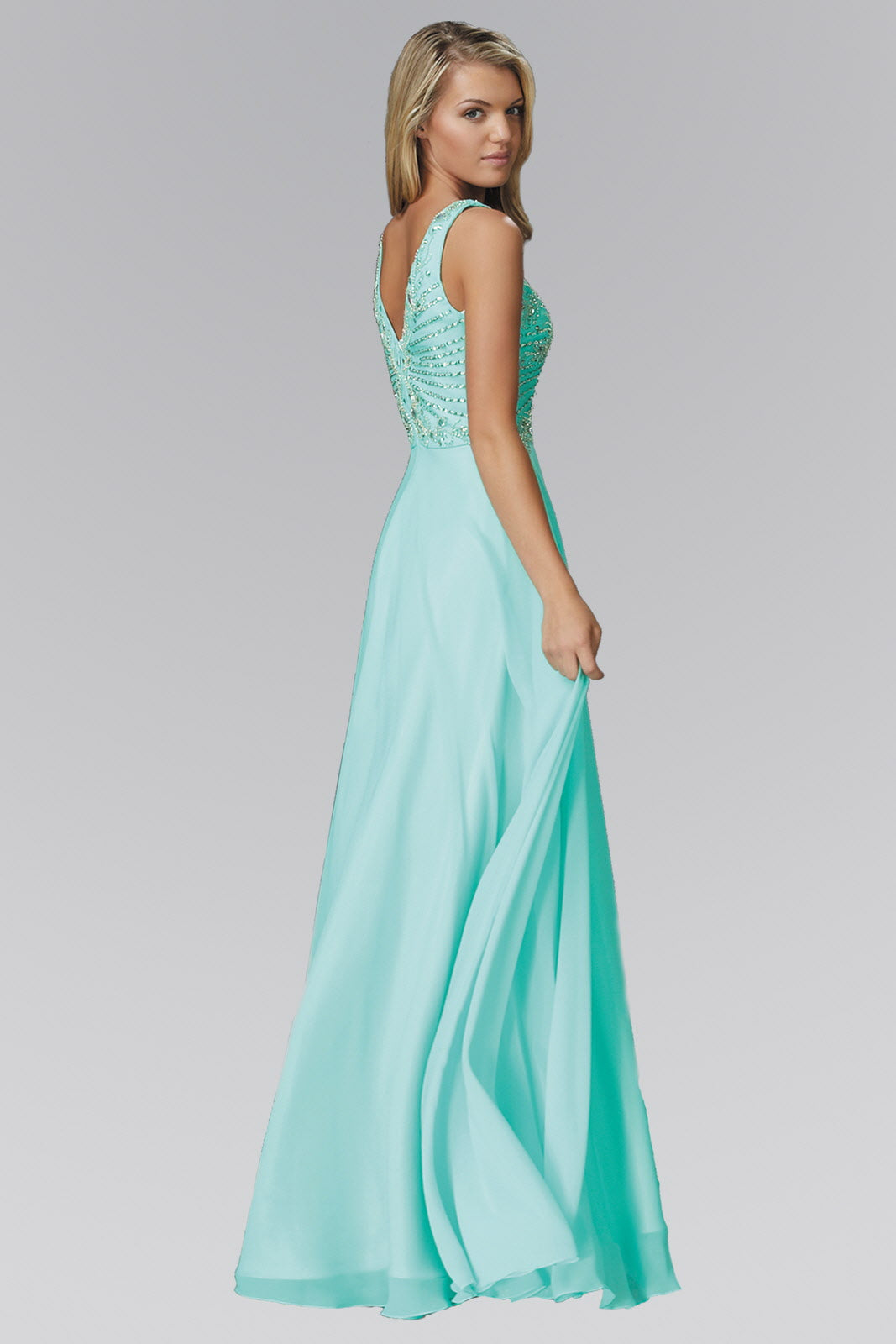 V Neck and Back Chiffon Floor Length Dress with Jewel and Sequin Bodice-2