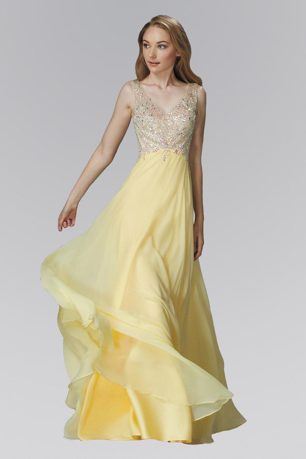 V-Neck Chiffon Floor Length Dress with Jewel Embellished Bodice-3