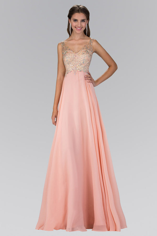 V-Neck Chiffon Floor Length Dress with Jewel Embellished Bodice-0