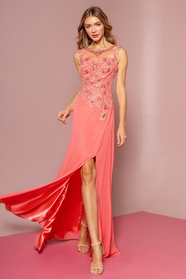 Beaded Chiffon Floor Length Dress with Sheer Neckline and Side Slit-3