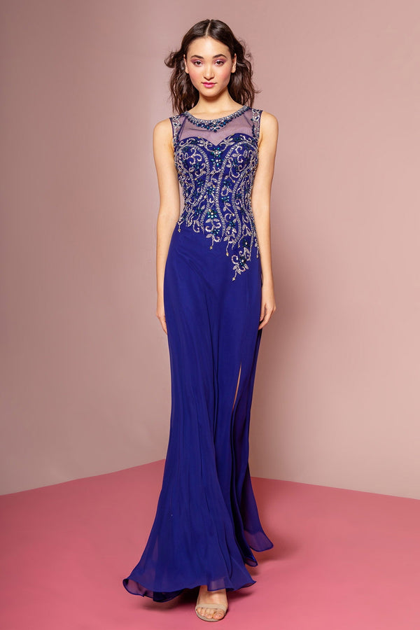 Beaded Chiffon Floor Length Dress with Sheer Neckline and Side Slit-0