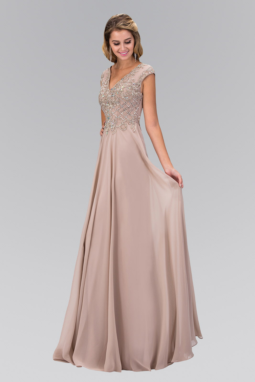 V-Neck Chiffon Floor Length Dress with Jewel Embellished Bodice-3