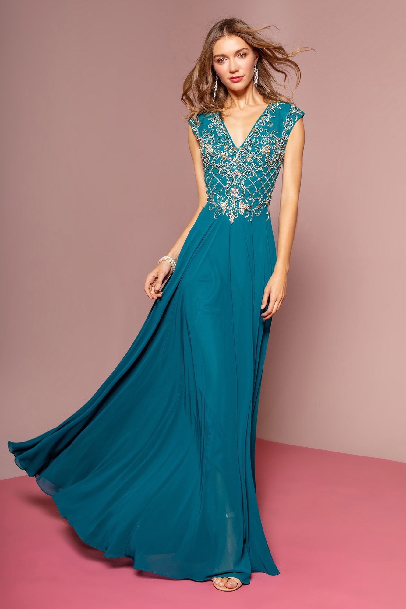 V-Neck Chiffon Floor Length Dress with Jewel Embellished Bodice-0