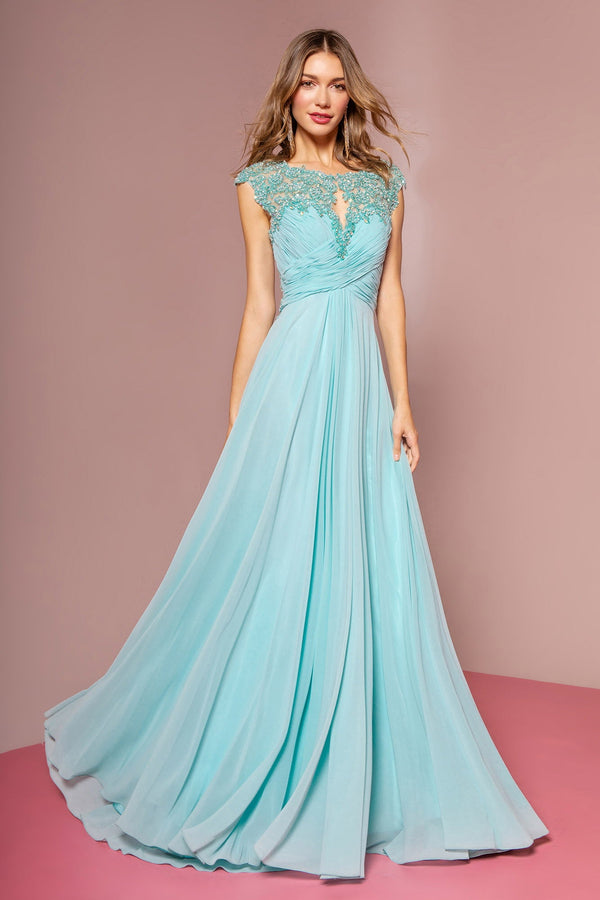 Sheer Back Floor Length Dress with Lace Embellished Ruched Bodice-0