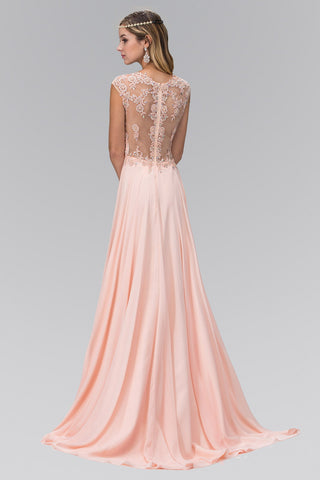 Sheer Back Floor Length Dress with Lace Embellished Ruched Bodice-2