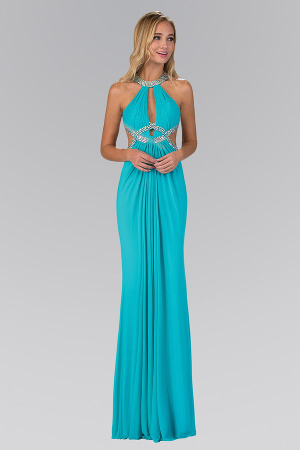 Long Dress Accented with Jewel Embellished Bodice and Cut Outs-0