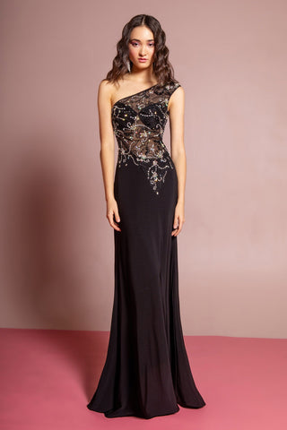 One Shoulder Jersey Floor Length Dress with Jewel Accents and Sheer Bodice-3