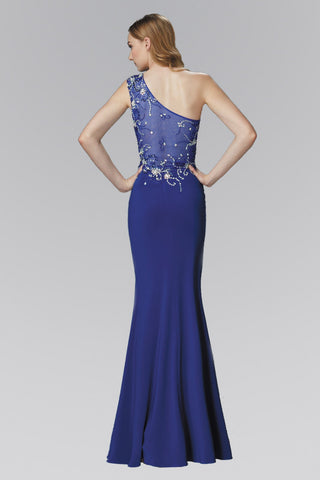 One Shoulder Jersey Floor Length Dress with Jewel Accents and Sheer Bodice-1