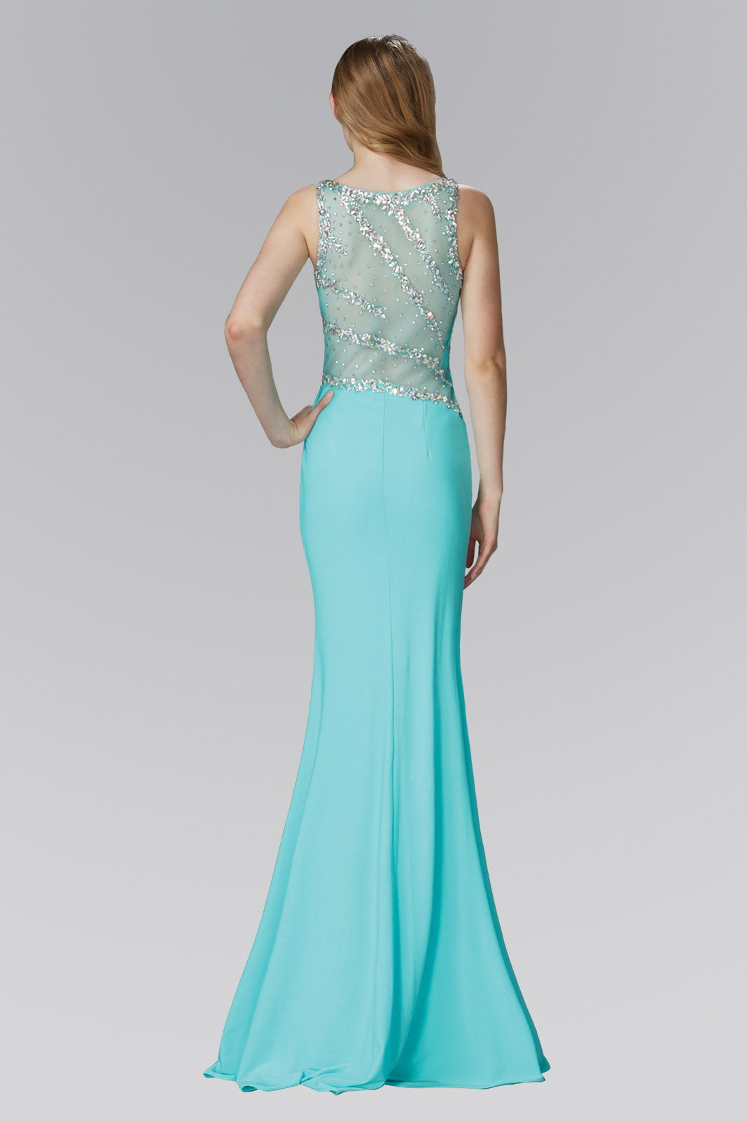 Jewel Embellished Bodice Jersey Floor Length Dress with Side Slit-1