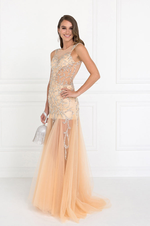 Beaded Floor Length Dress with Sheer Bodice and Open Back-0