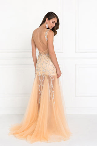 Beaded Floor Length Dress with Sheer Bodice and Open Back-1