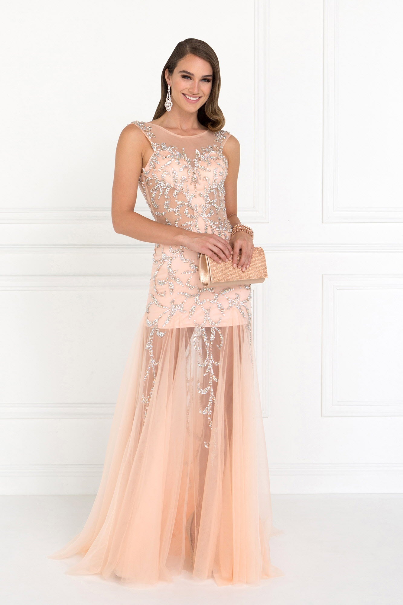 Beaded Floor Length Dress with Sheer Bodice and Open Back-2