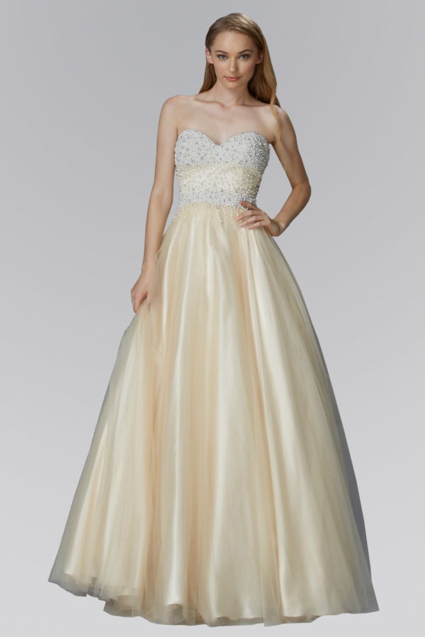 Strapless Sweetheart A-Line Tulle Long Dress with Bead and Pearl Embellished Bodice-4