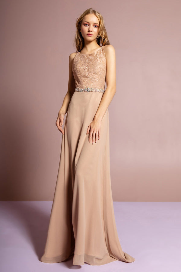 Chiffon Floor Length Dress Accented with Jewel Waistband-0