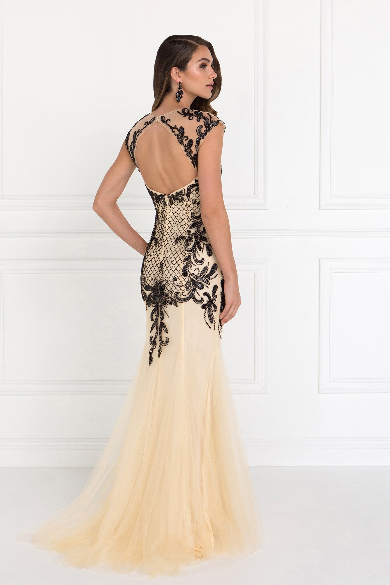 Open Back V-Neck Floor Length Dress with Bead Detailing-1