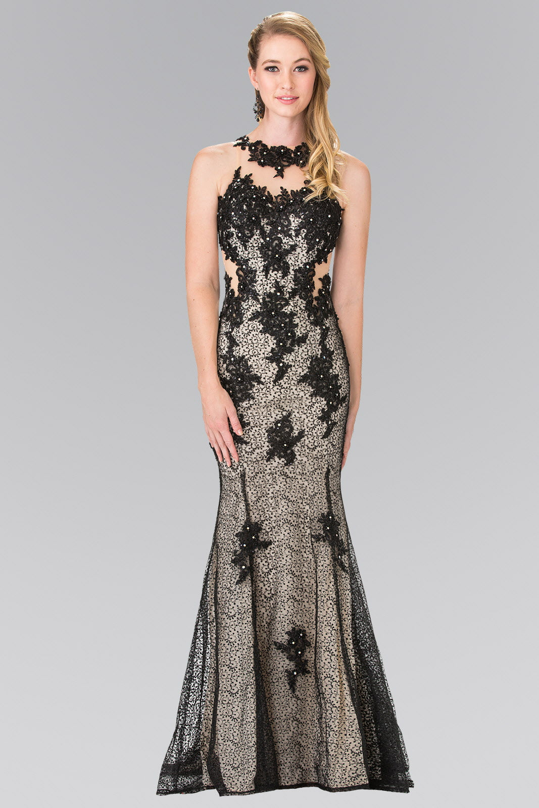 High Neck Mermaid Long Lace Dress with Embroidered Illusion Bodice-0