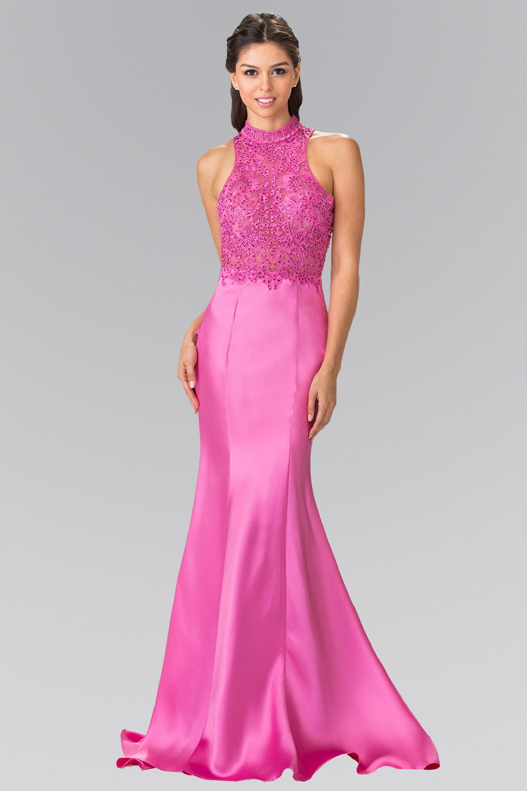 Long High-Neck Dress with Embroidered Bodice and Ruffle Back-0