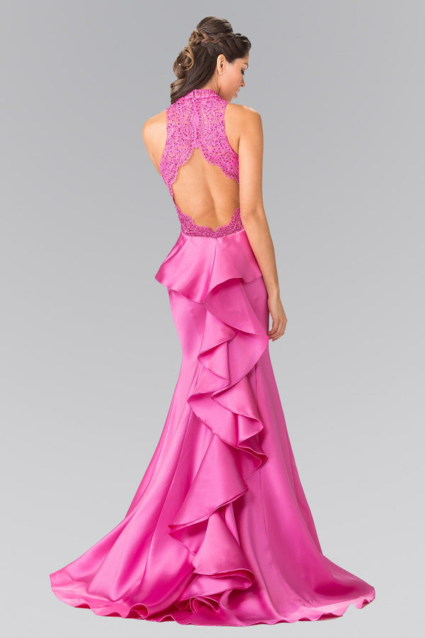 Long High-Neck Dress with Embroidered Bodice and Ruffle Back-1