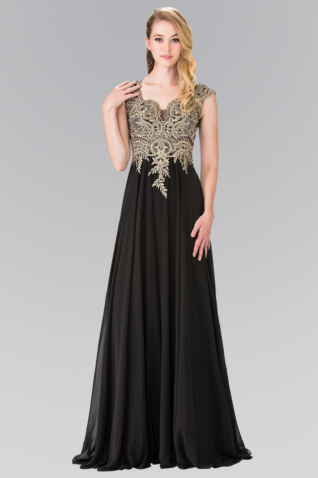 Full Embroidered Top Chiffon Long Dress with Sheer Back-1