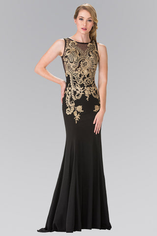 Embroidered Sleeveless Long Jersey Dress with Sheer Bodice-4