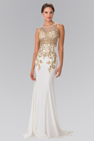 Embroidered Sleeveless Long Jersey Dress with Sheer Bodice-5