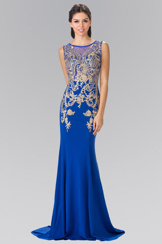 Embroidered Sleeveless Long Jersey Dress with Sheer Bodice-0