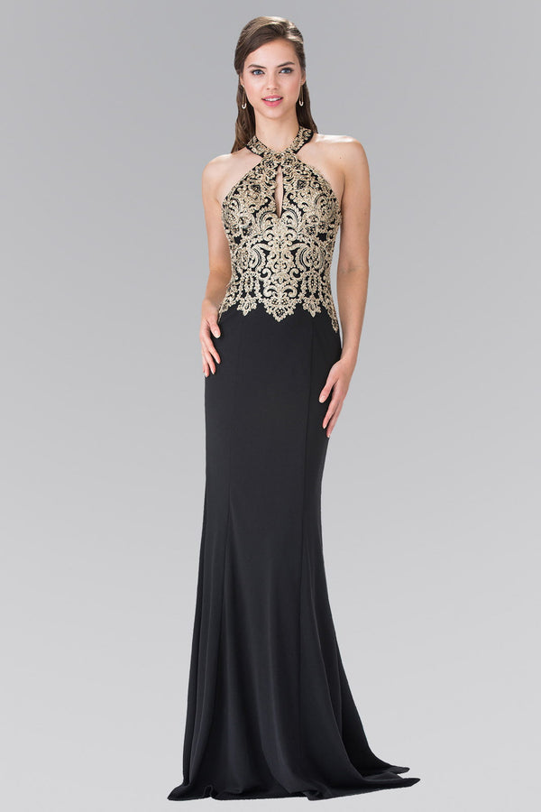 Embroidered Neck Halter Jersey Long Dress with Open Back-4