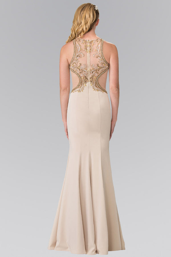 Beads Embellished Jersey Long Dress with Sheer Back-1