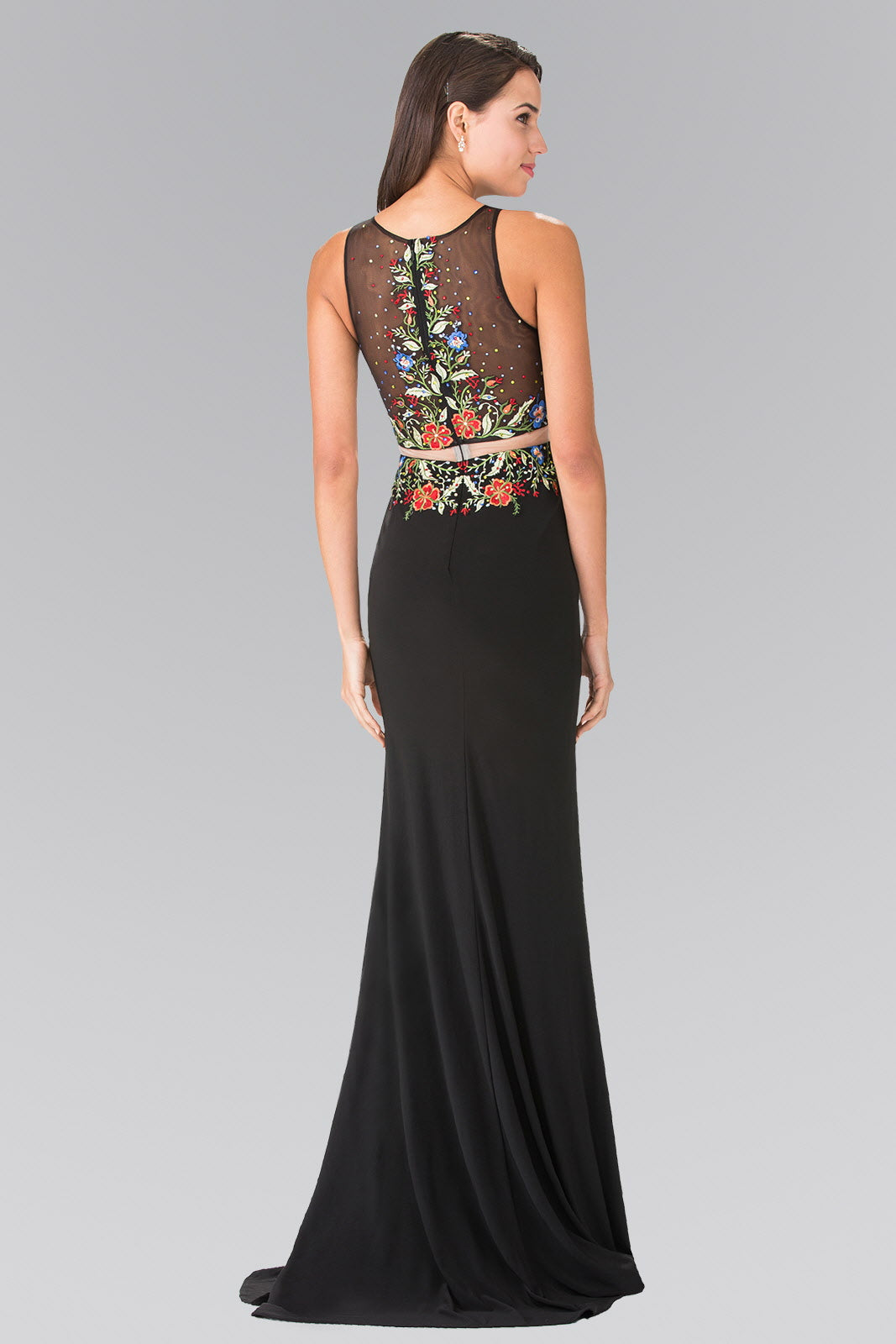 Mock Two-Piece Jersey Long Dress with Floral Embroidery Details-1