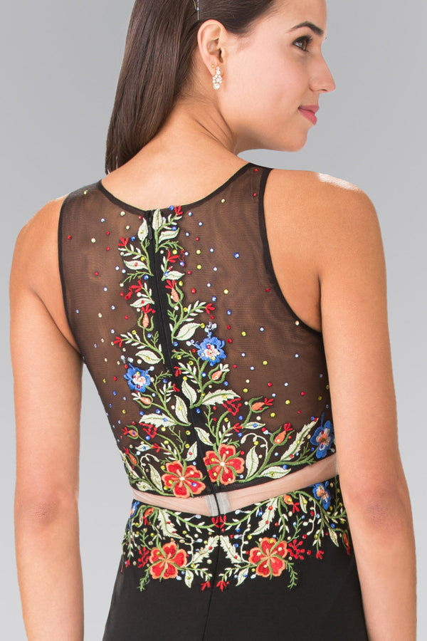 Mock Two-Piece Jersey Long Dress with Floral Embroidery Details-3