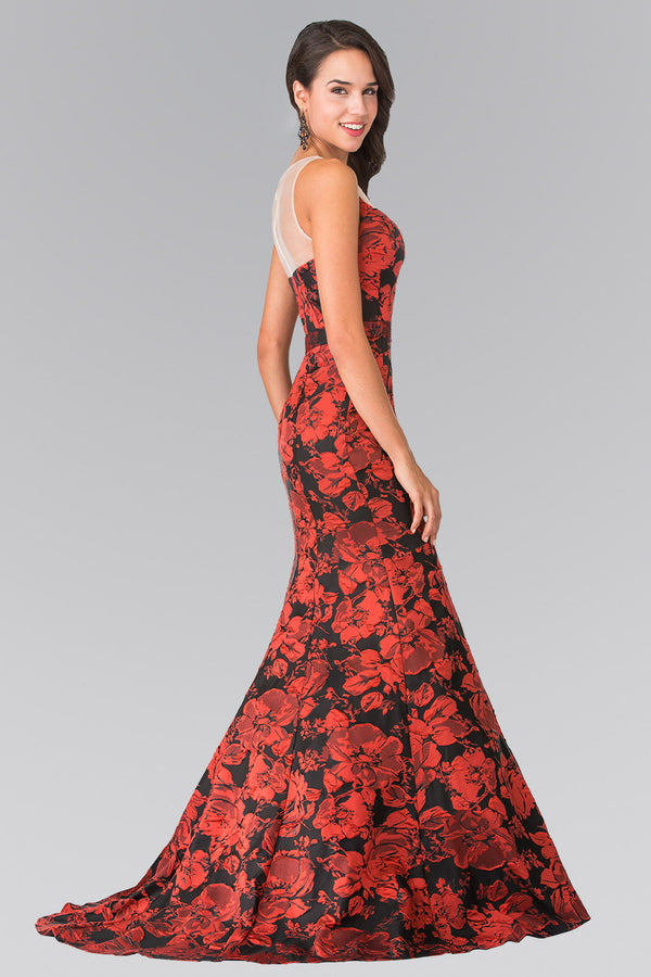 Illusion Sweethearted Flower Print Long Dress with Sheer Back-1