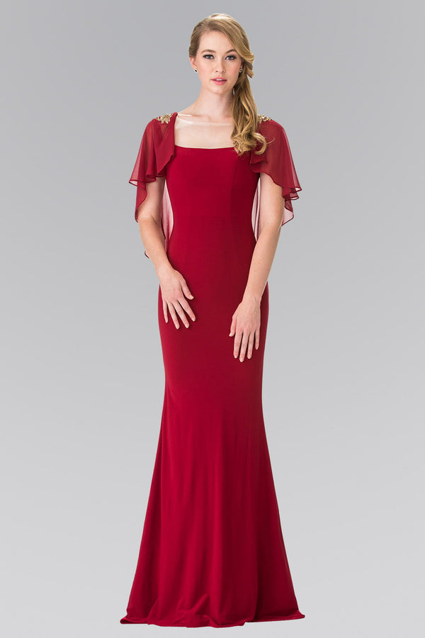 Sleeveless Jersey Long Dress with Attached Cape that Drapes Down the Back-3