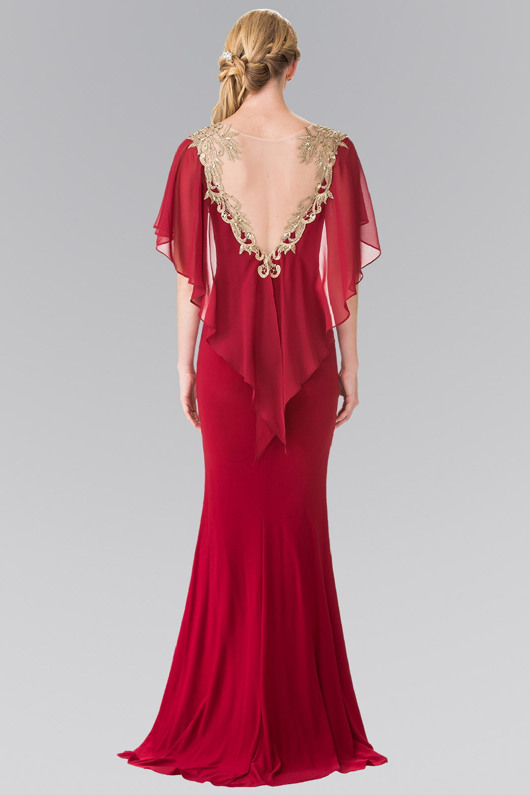 Sleeveless Jersey Long Dress with Attached Cape that Drapes Down the Back-4