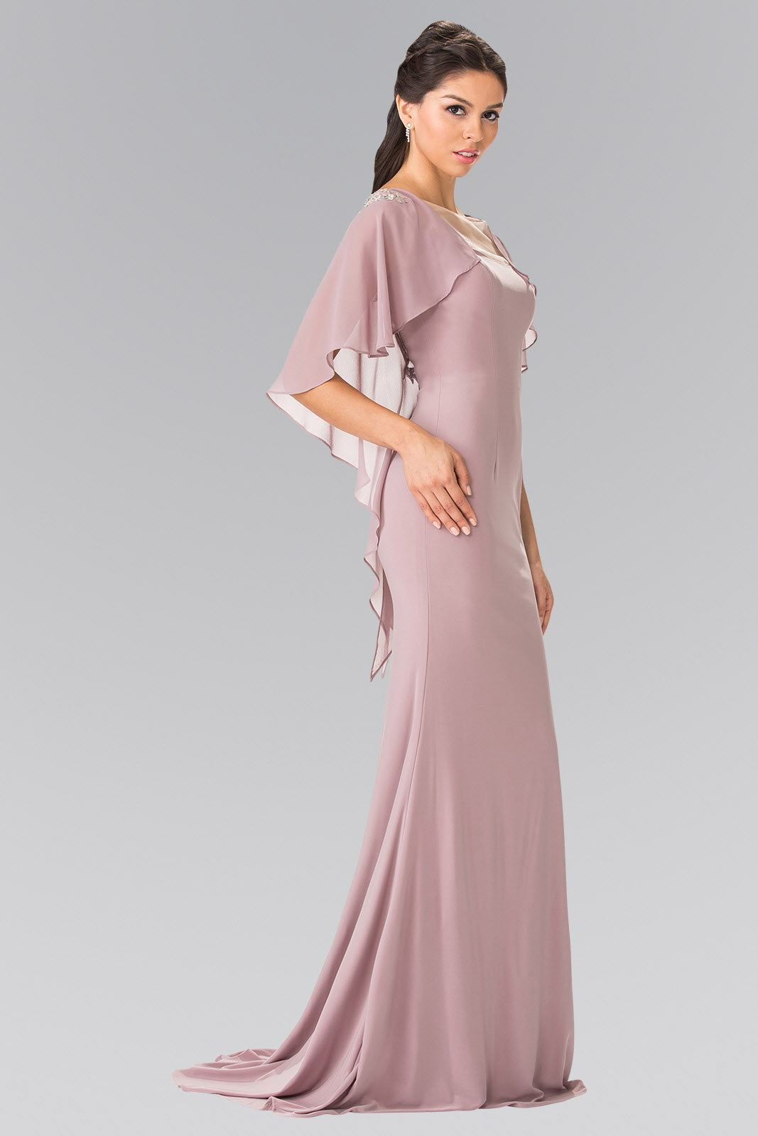 Sleeveless Jersey Long Dress with Attached Cape that Drapes Down the Back-0