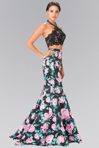 Halter-Neck Two-Piece Floral Print Long Dress-4