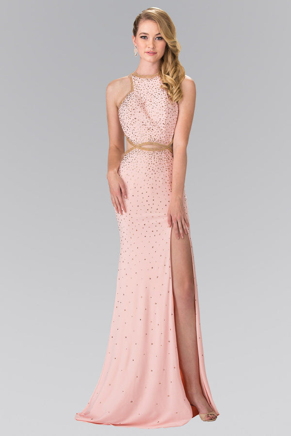 Beaded High-Neck Long Dress Accented with Slit-0