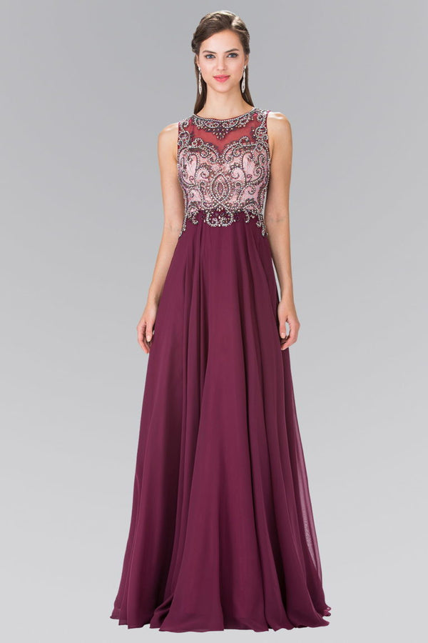 Beaded Top Chiffon Long Dress with Open Back-0