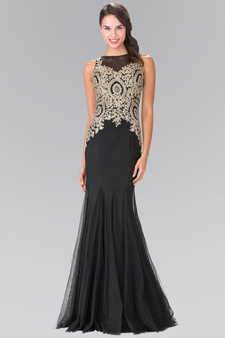 Embroidered Bodice Long Dress with Sheer Back-4